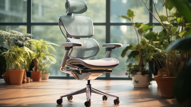 Free photo ergonomic office chair featuring adjustable features within a welllit workspace