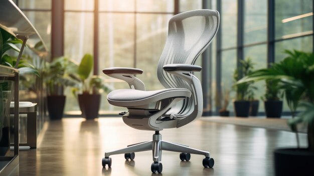 조명이 밝은 작업 공간 내에서 조절 가능한 기능을 갖춘 인체공학적 사무실 의자