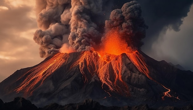 Бесплатное фото Извергающаяся гора извергает дым, пламя, пепел, опасность разрушения и загрязнение, создаваемое ии