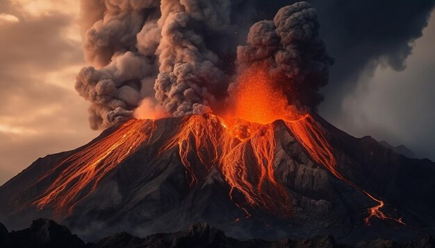 Erupting mountain spews smoke flame ash destruction danger and pollution generated by AI