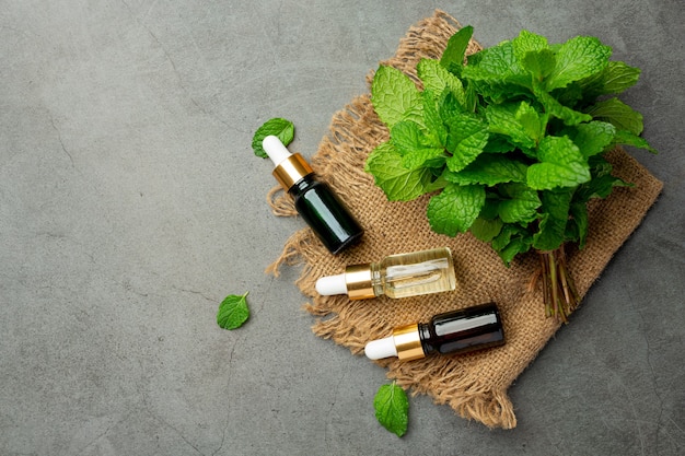 Essential oil of peppermint in bottle with fresh green peppermint