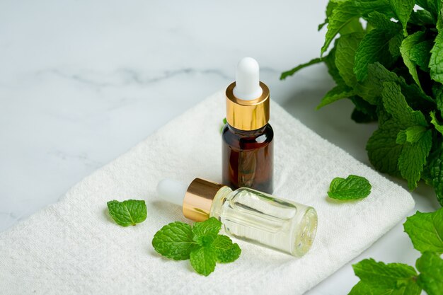 Essential oil of peppermint in bottle with fresh green peppermint