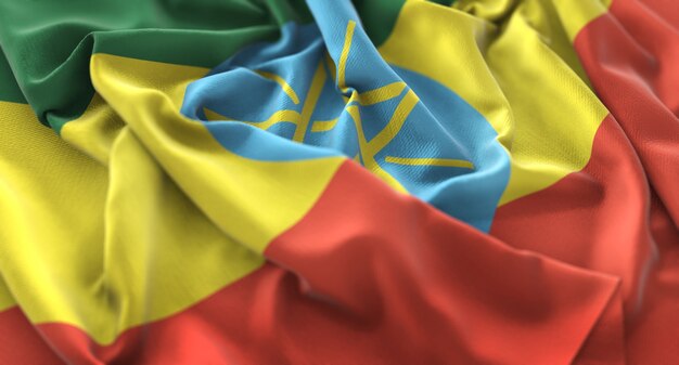 エチオピアの旗がきれいに揺れるマクロ接写