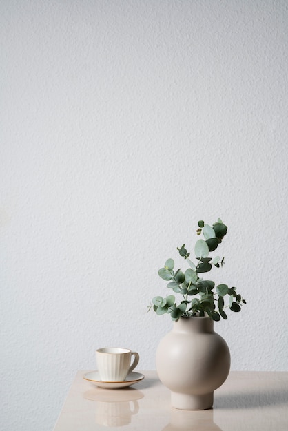 無料写真 コピースペースが付いている花瓶のユーカリ植物