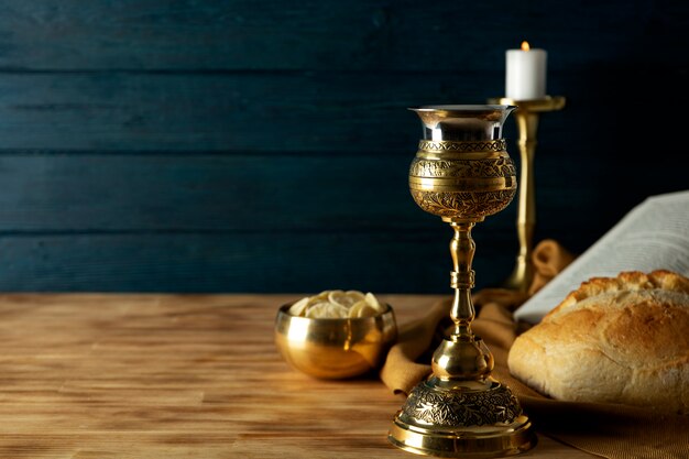 Eucharist with wine chalice and bread