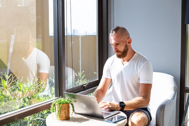 European business man in white shirt does distance work