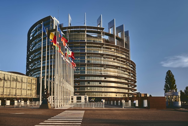 European parliament building in strasbourg, france with a clear blue sky in the background