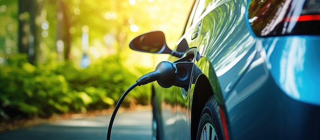 Free photo ev car plugged in at a charging point showcasing sustainable energy against a nature backdrop with a blue energy glow