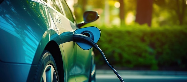 Free photo ev car plugged in at a charging point showcasing sustainable energy against a nature backdrop with a blue energy glow