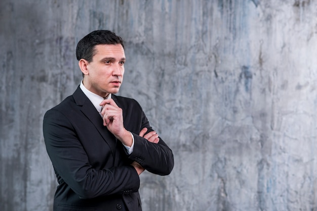 Evaluating businessman with arms crossed looking away