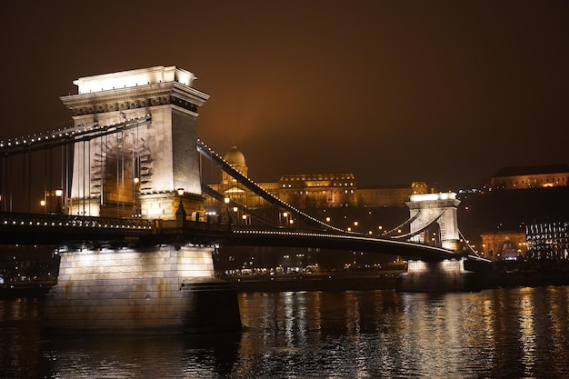 Evening view at the famous Szechenyi Chain Bridge in Budapest Hungary