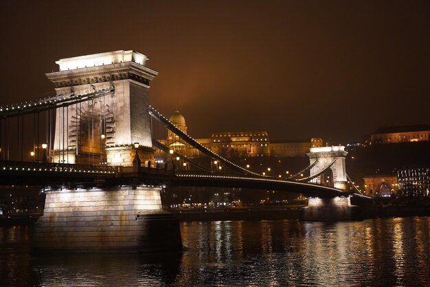 Evening view at the famous Szechenyi Chain Bridge in Budapest Hungary