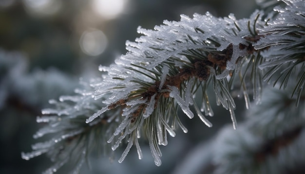 Free photo evergreen branch adorned with frosty ice crystals generative ai