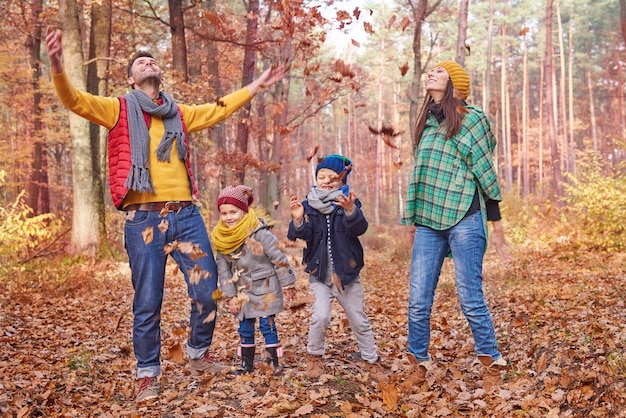 Everyone likes throwing the leaves in the forest