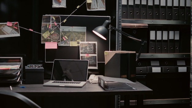 Evidence board with case files or investigation clues on police archive wall map, surveillance phots and witness statements. Empty law enforcement office filled with criminal records.