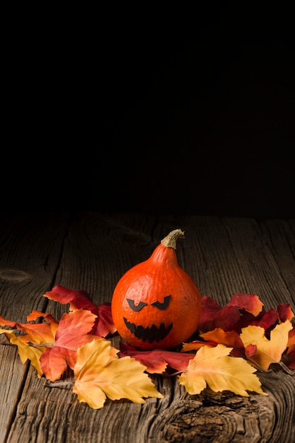 Free photo evil halloween pumpkin with autumn leaves