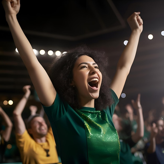 Free photo excited african american woman with raised hands at music concert