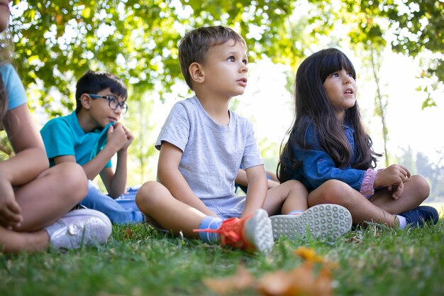 Взволнованные дети сидят на траве в парке и вместе смотрят в сторону, наблюдая за представлением или шоу аниматоров. Детская вечеринка или концепция дружбы