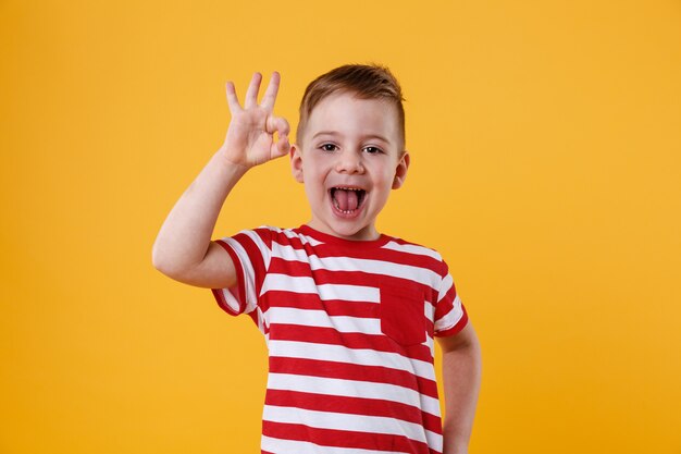 Excited little boy standing and showing okay gesture