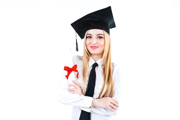 Excited proud woman with education diploma