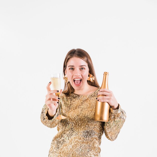 Excited woman holding champagne