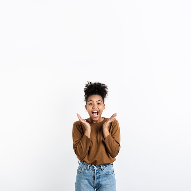 Excited woman posing with mouth open