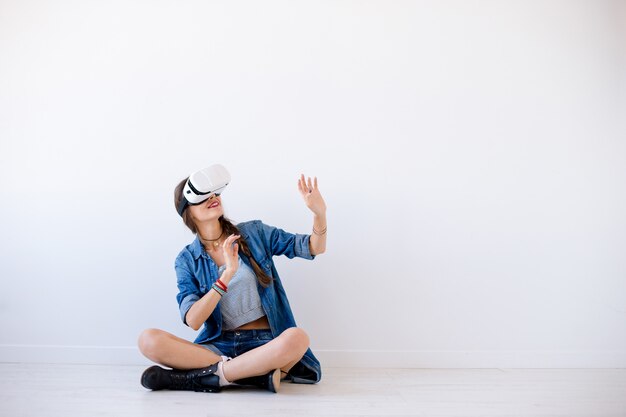Excited woman travel in virtual reality