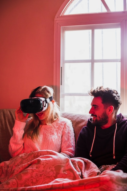 Free photo excited woman in vr headset near boyfriend