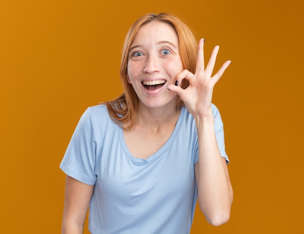 Excited young redhead ginger girl with freckles gesturing ok sign isolated on orange wall with copy space