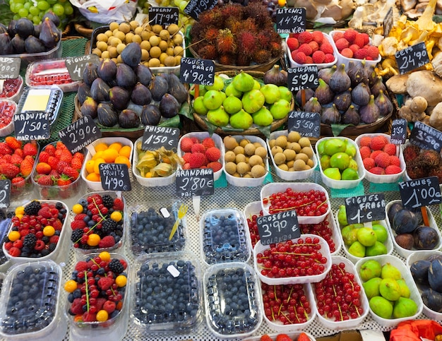 Exotic fruits and berries on  counter