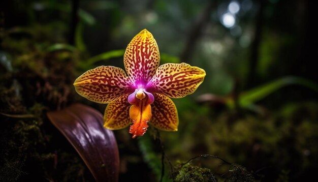 AI によって生成された静かな熱帯雨林環境でエキゾチックな蘭の花が咲く