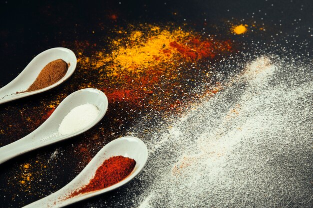 Exotic spices on tea spoons