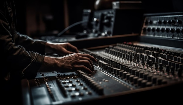 Expert sound engineer adjusts equipment in recording studio generated by AI