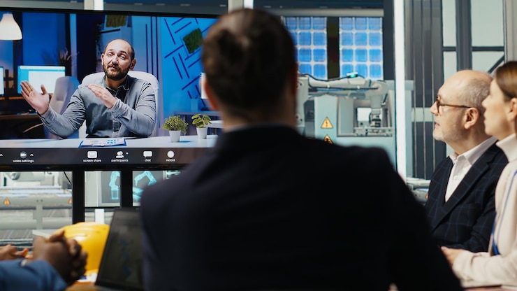 Free Photo experts optimize factory equipment energy output during videocall meeting