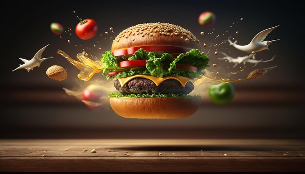 Exploding burger with vegetables and melted cheese on black background Generative AI
