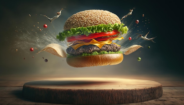 Exploding burger with vegetables and melted cheese on black background Generative AI