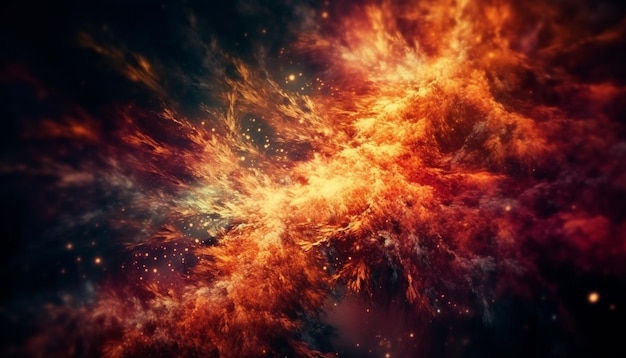 AI によって生成された未来的なイラストで爆発する火の玉が点火する抽象的な銀河の背景