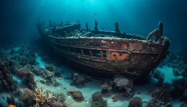 Exploring sunken shipwreck reveals vibrant sea life generated by AI