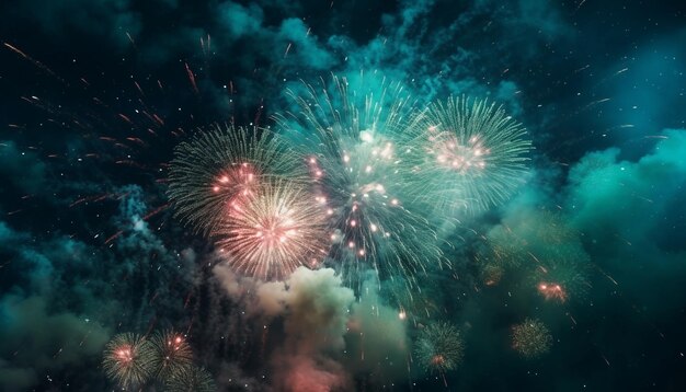 爆発的な祝賀会が、AI によって生成された屋外の活気に満ちた花火大会に火を付ける