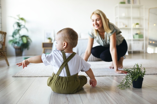 Expressive mother and her child posing