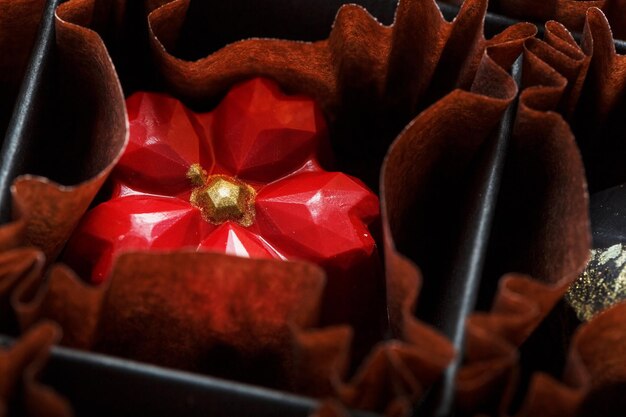 절묘한 수제 붉은 꽃 초콜릿 클로즈업. 고급 수제 초콜릿