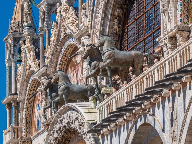 Exterior of the Saint Mark's Basilica located in Venice, Italy during daylight