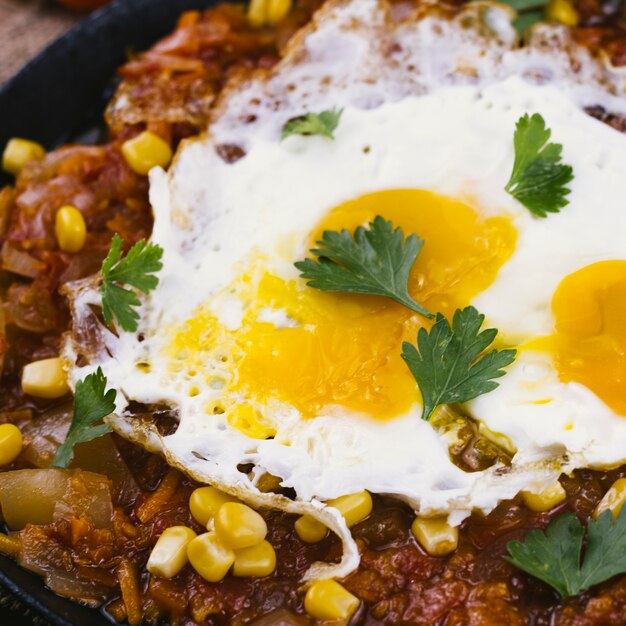 Extreme close up eggs on mexican food