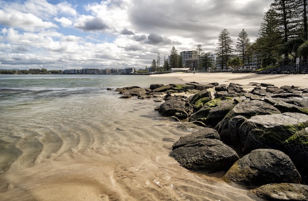 Eye-level shot of stones on a beach next to trees and buildings under the blue cloudy sky