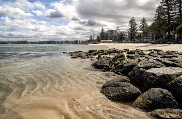 Eye-level shot of stones on a beach next to trees and buildings under the blue cloudy sky