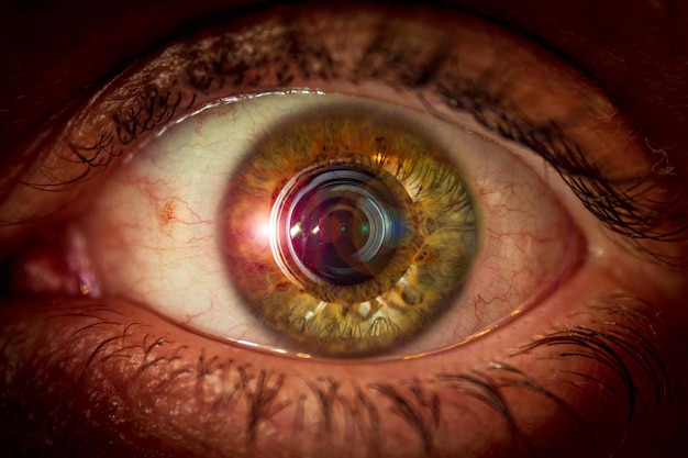 Eye with a camera lens and lens flare in the pupil