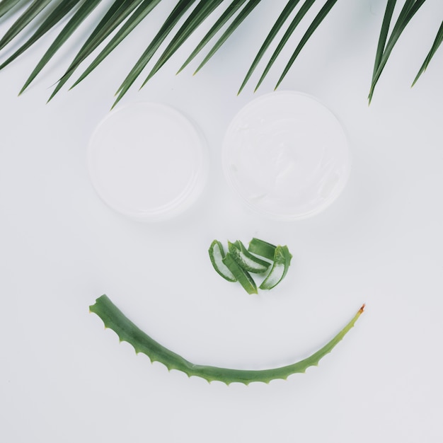 Foto gratuita viso fatto di aloe vera, crema e foglie