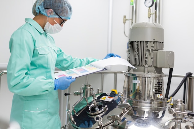 Factory worker in blue suit is checking readings of compressor