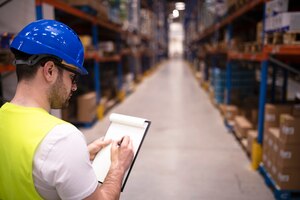 Factory worker holding clipboard and checking inventory of warehouse storage department