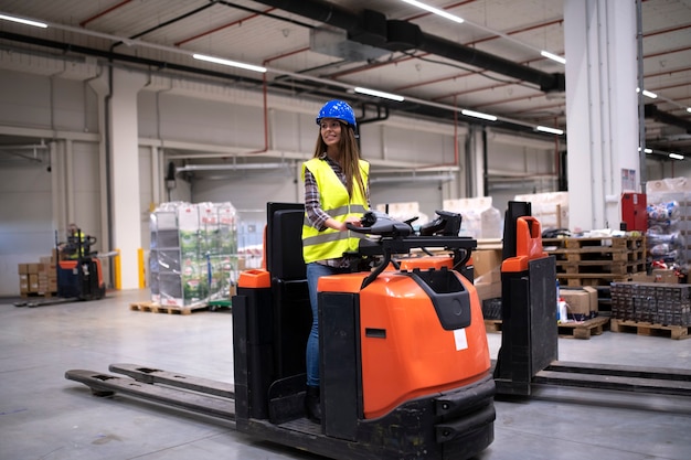 Factory worker in protective suit with hardhat driving forklift